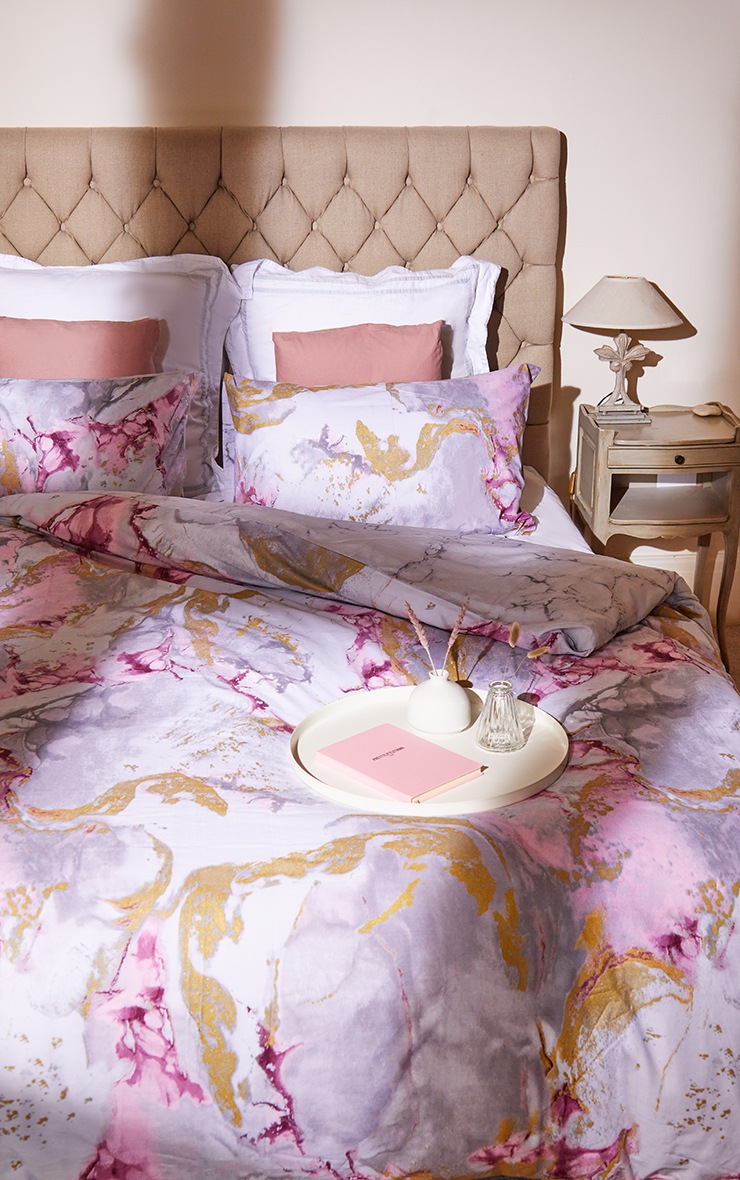 Pink With Gold Marble Print Super King Duvet Set PrettyLittleThing QA