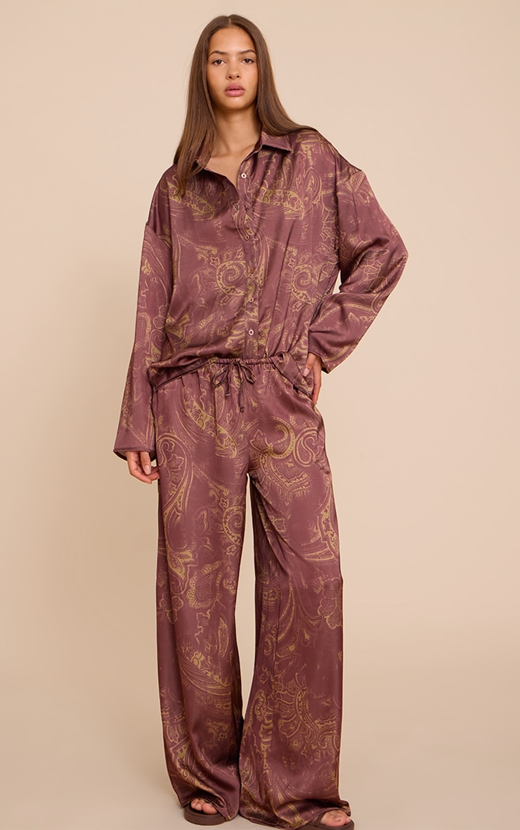 Brown Paisley Printed Satin Wide Leg Pants image 1
