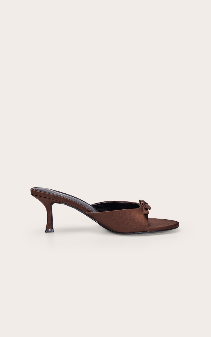 Chocolate Satin Round Toe Bow Strap Low Heel Open Toe Mules image 2
