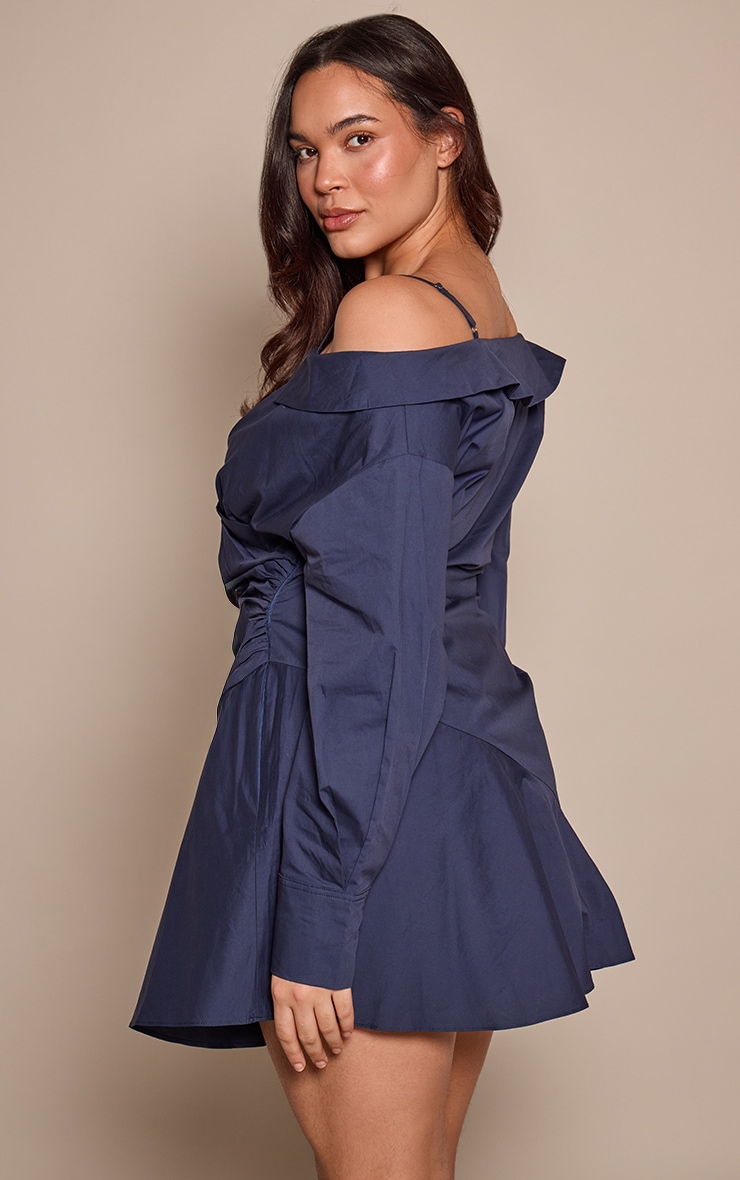 Plus Navy Off The Shoulder Asymmetric Shirt Dress image 2