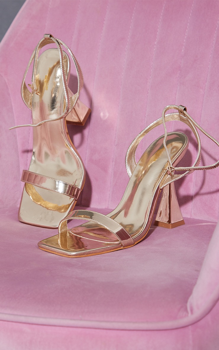 Gold Wide Fit Patent PU Mid Flare Heeled Sandals