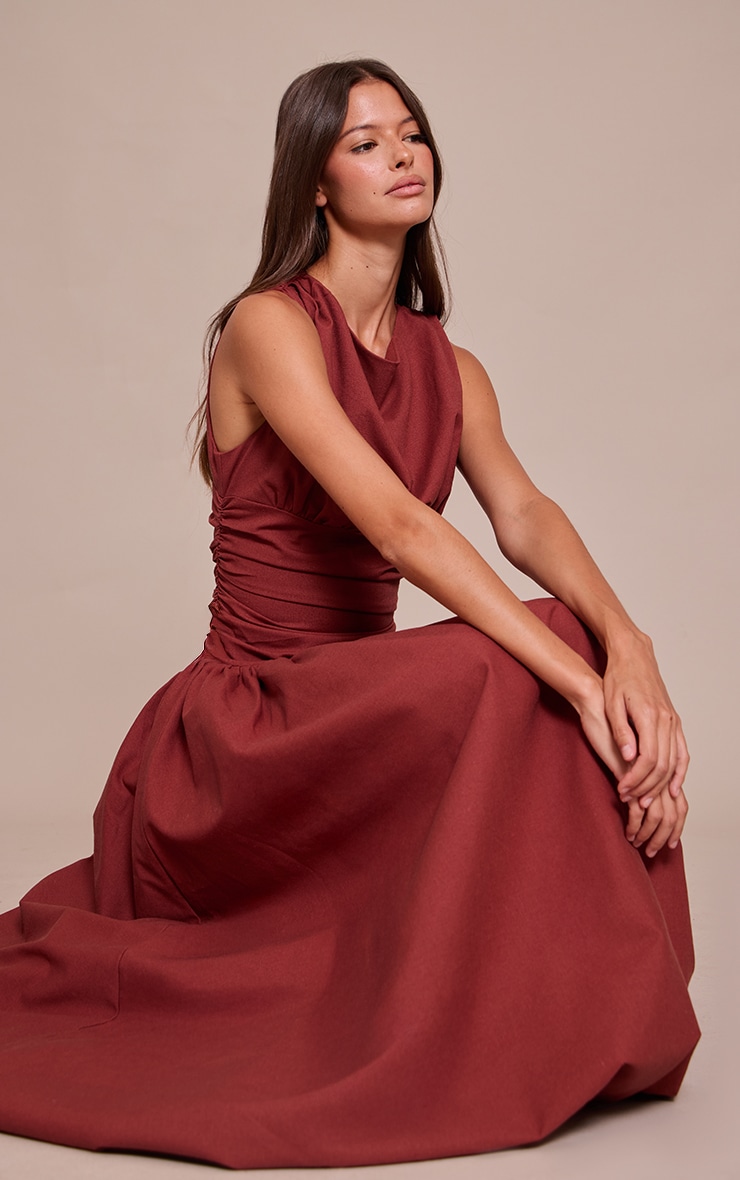 Deep Red Boat Neck Ruched Detail Puffball Maxi Dress image 1