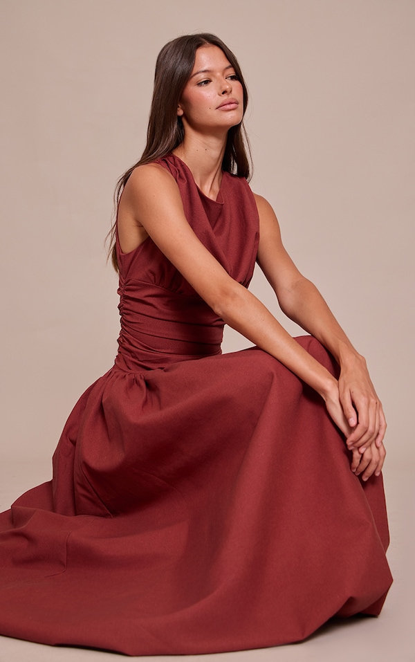 Deep Red Boat Neck Ruched Detail Puffball Maxi Dress