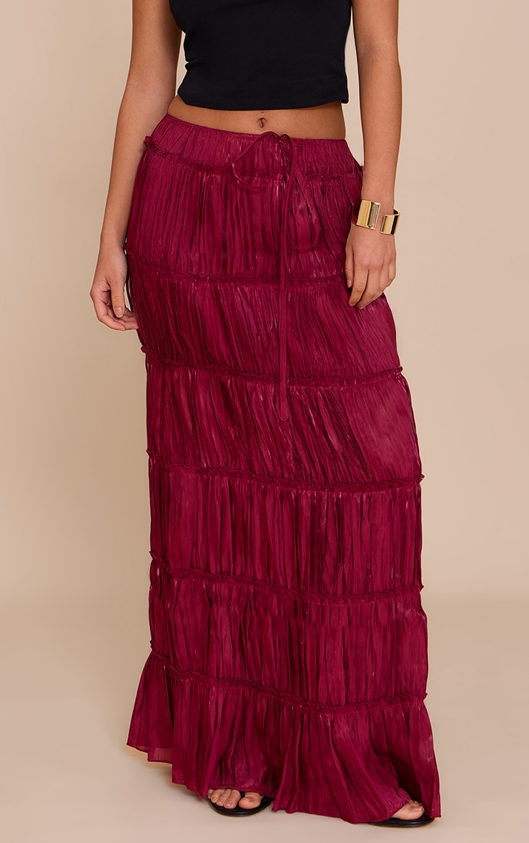 Deep Red Drawstring Frill Tiered Maxi Skirt image 2