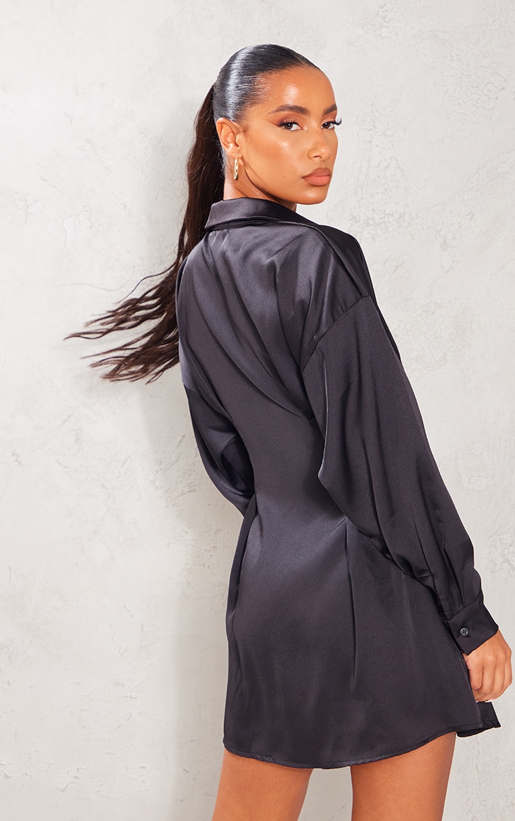 Black Satin Fitted Shirt Dress image 2