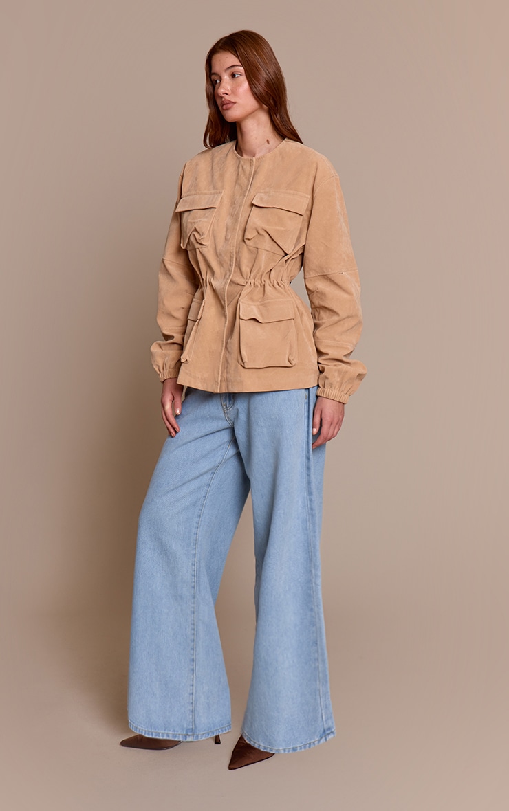 Sand Structured Faux Suede Pocket Detail Adjustable Waist Jacket image 3