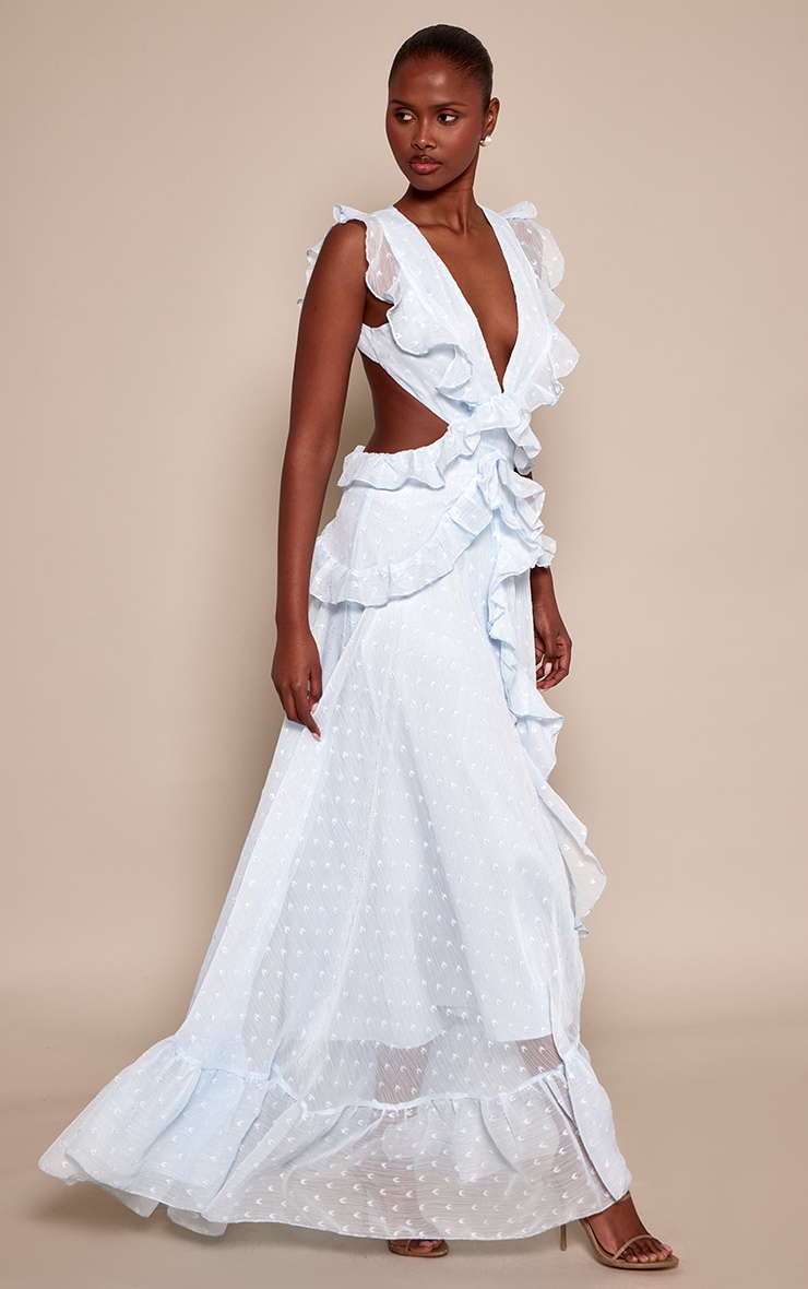 Robe longue bleue à décolleté et volants image 3