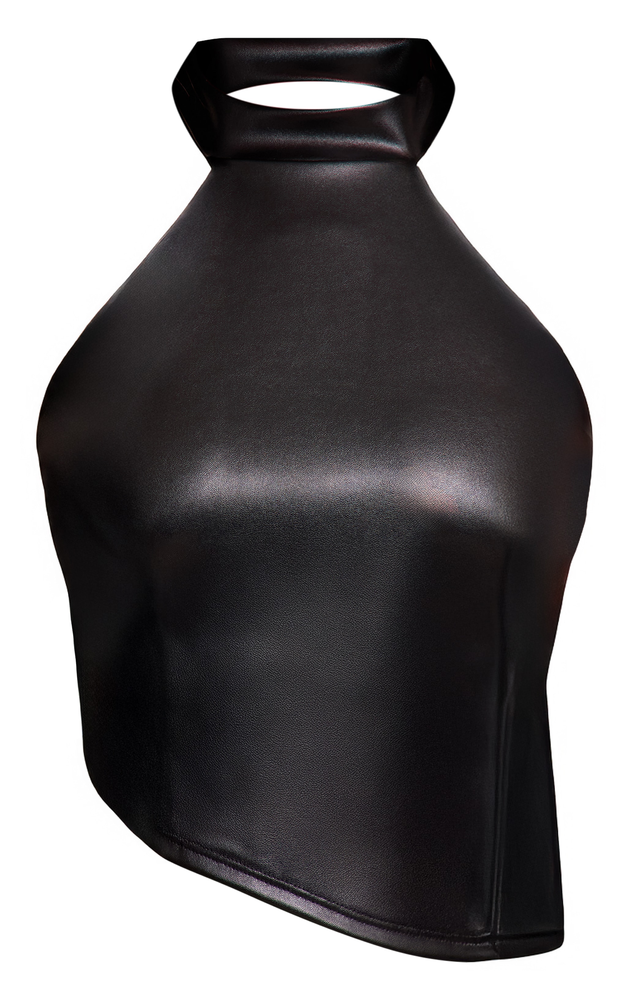 Petite Black Faux Leather Asymmetric Halterneck Top image 5