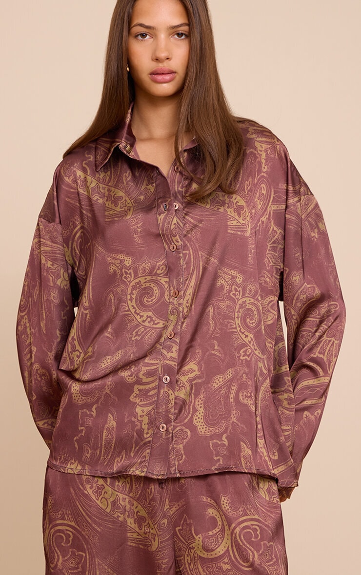 Brown Paisley Printed Satin Shirt image 1