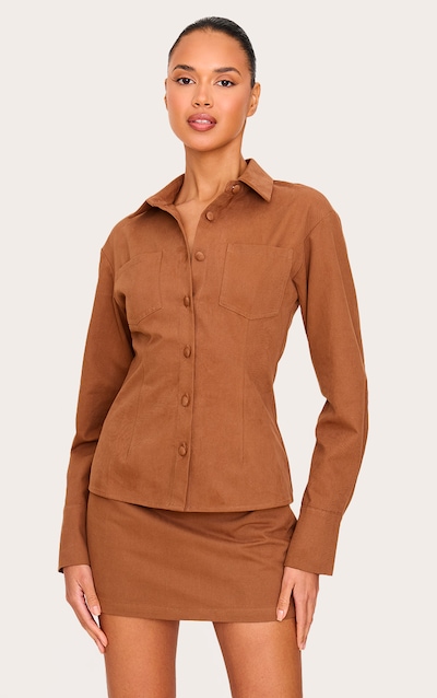 Chemise en maille sergée marron clair à boutons et taille cintrée