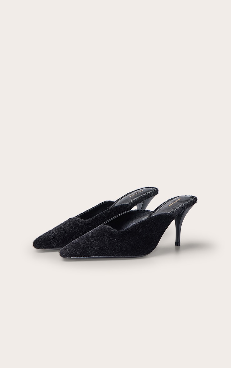 Black Pony Hair Squared Chiseled Toe Court Mules image 3