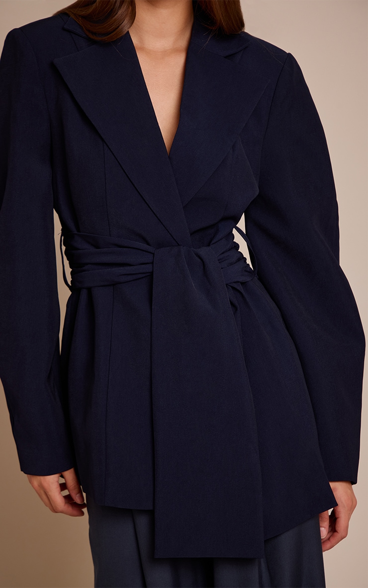 Navy Gathered Wrap Waist Belted Blazer image 4