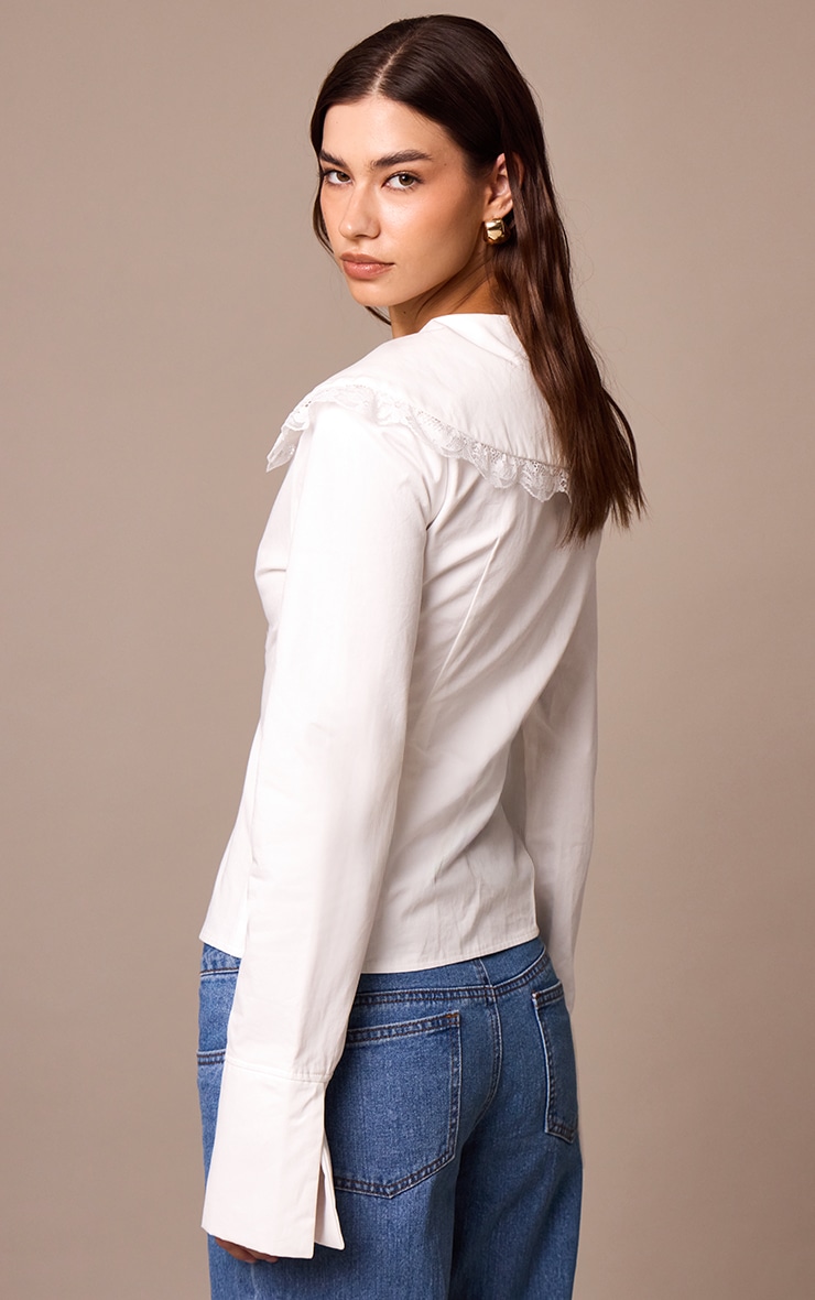  White Cotton Lace Trim Long Sleeve Shirt image 2