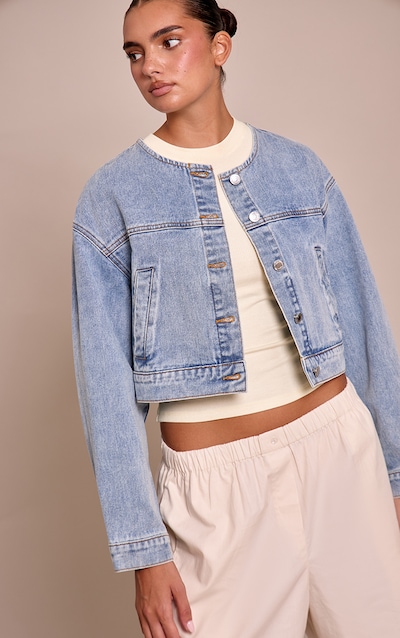 Mid Blue Wash Collarless Cropped Denim Jacket