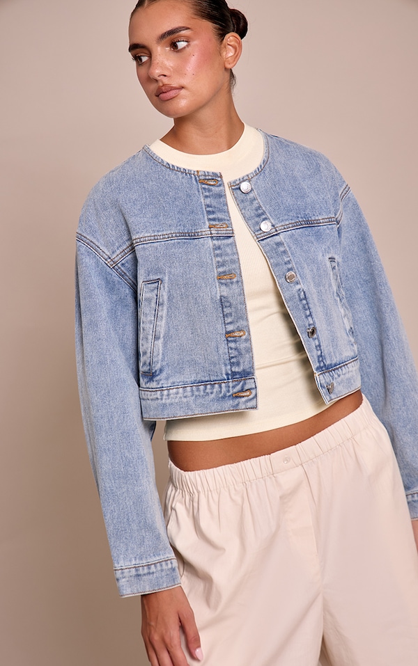 Mid Blue Wash Collarless Cropped Denim Jacket
