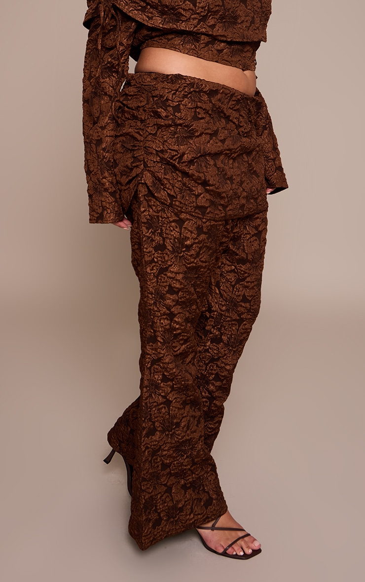 Plus Chocolate Floral Jacquard Fold Over Wide Leg Pants image 2
