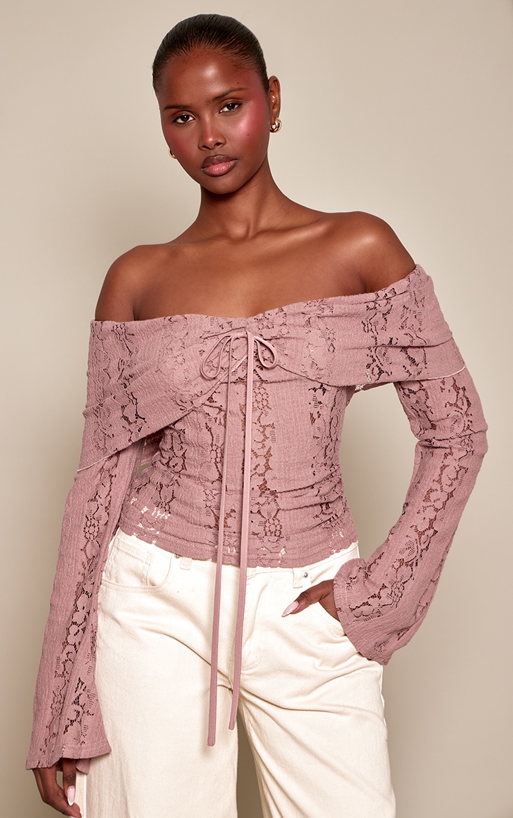 Mushroom Fitted Lace Flared Sleeve Bardot Top