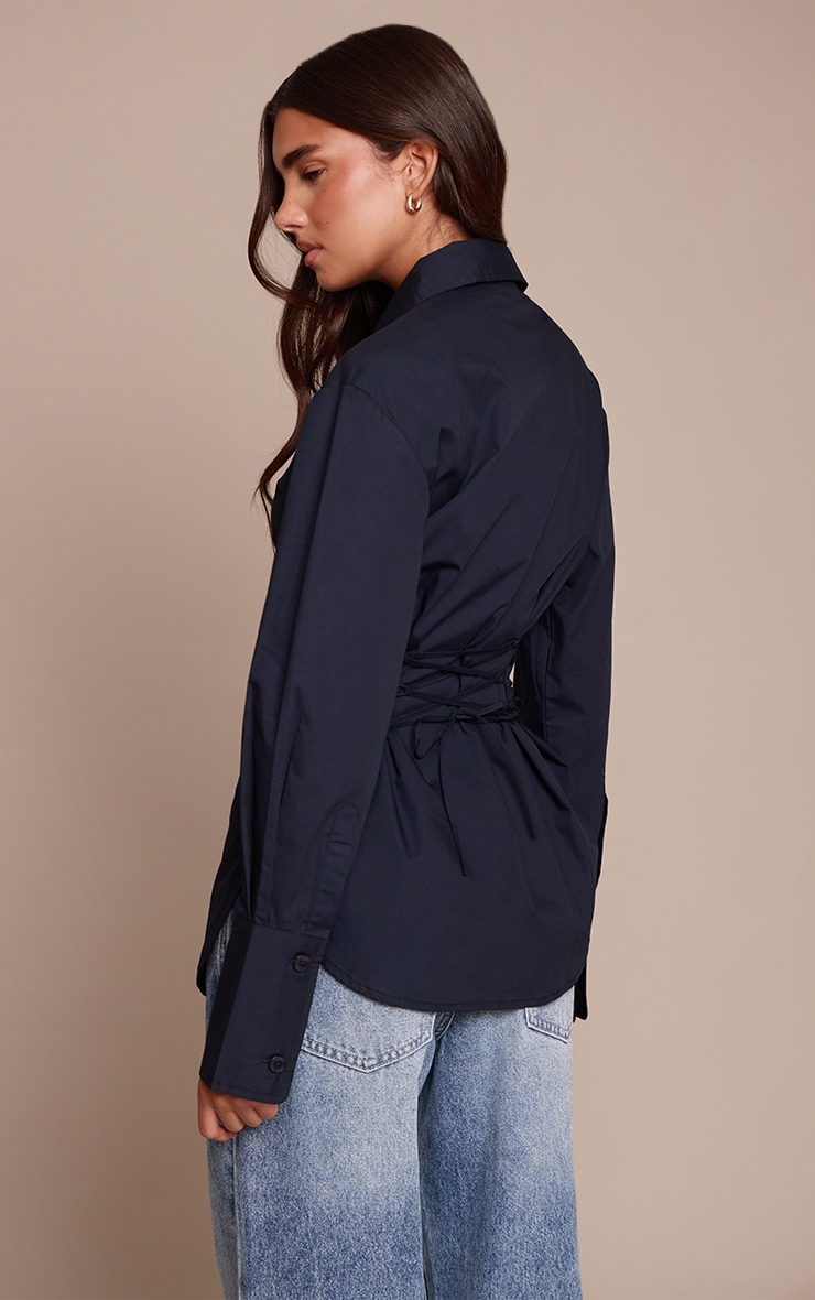 Navy Fitted Tie Back Deep Cuff Shirt image 2