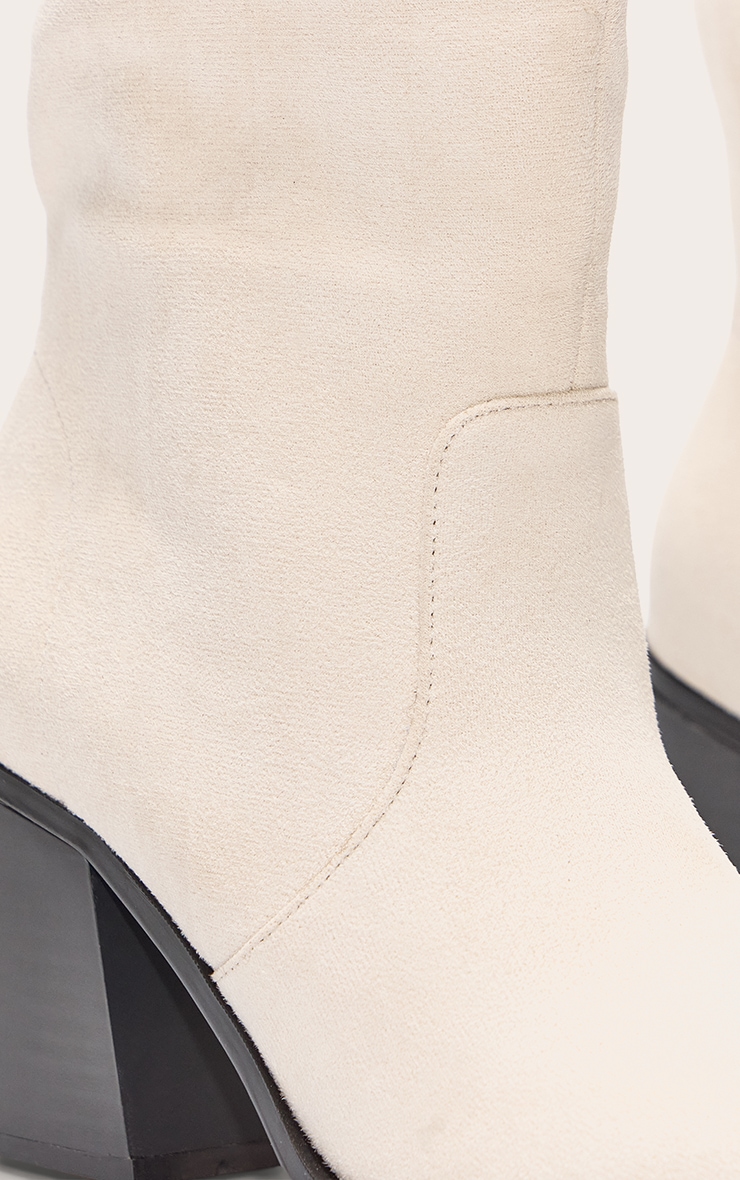 Cream Faux Suede Square Toe High Block Heel Knee High Boots image 5