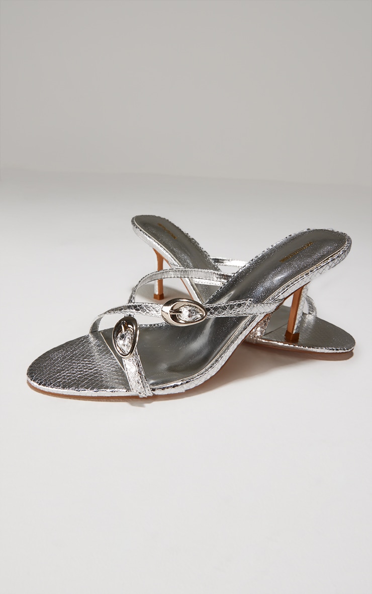 Silver Croc PU Round Toe Buckle Cross Strap Detail Mid Stiletto Heeled Mules image 3