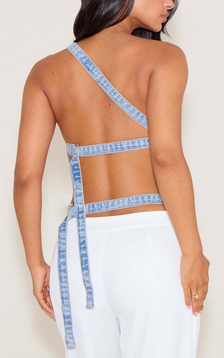 Petite Light Blue Wash Asymmetric Open Back Denim Top image 4
