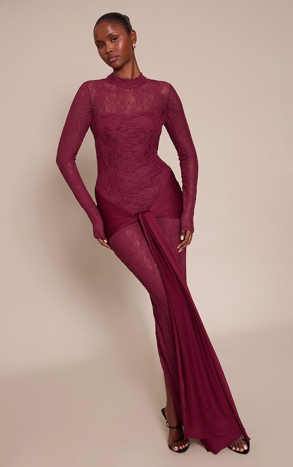 Plum Long Sleeve Lace Wrap Detail Maxi Dress