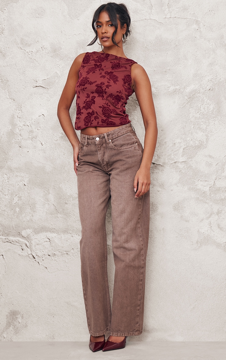 Tall Burgundy Devore Straight Neck Sleeveless Top image 3