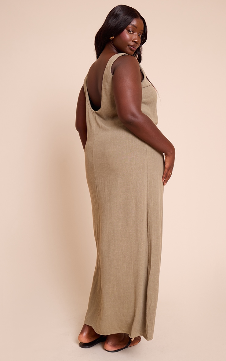 Plus Khaki Textured Boat Neck Low Back Maxi Dress image 2
