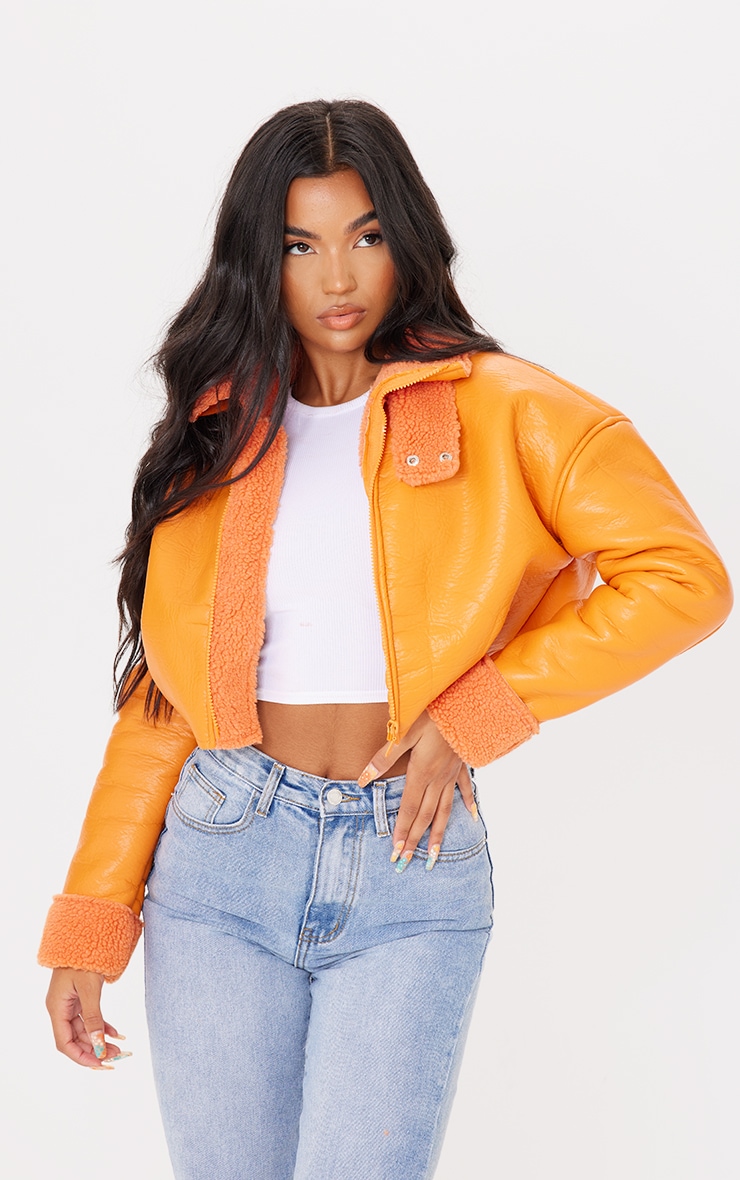 Orange Faux Leather Borg Lined Super Cropped Aviator Jacket image 1