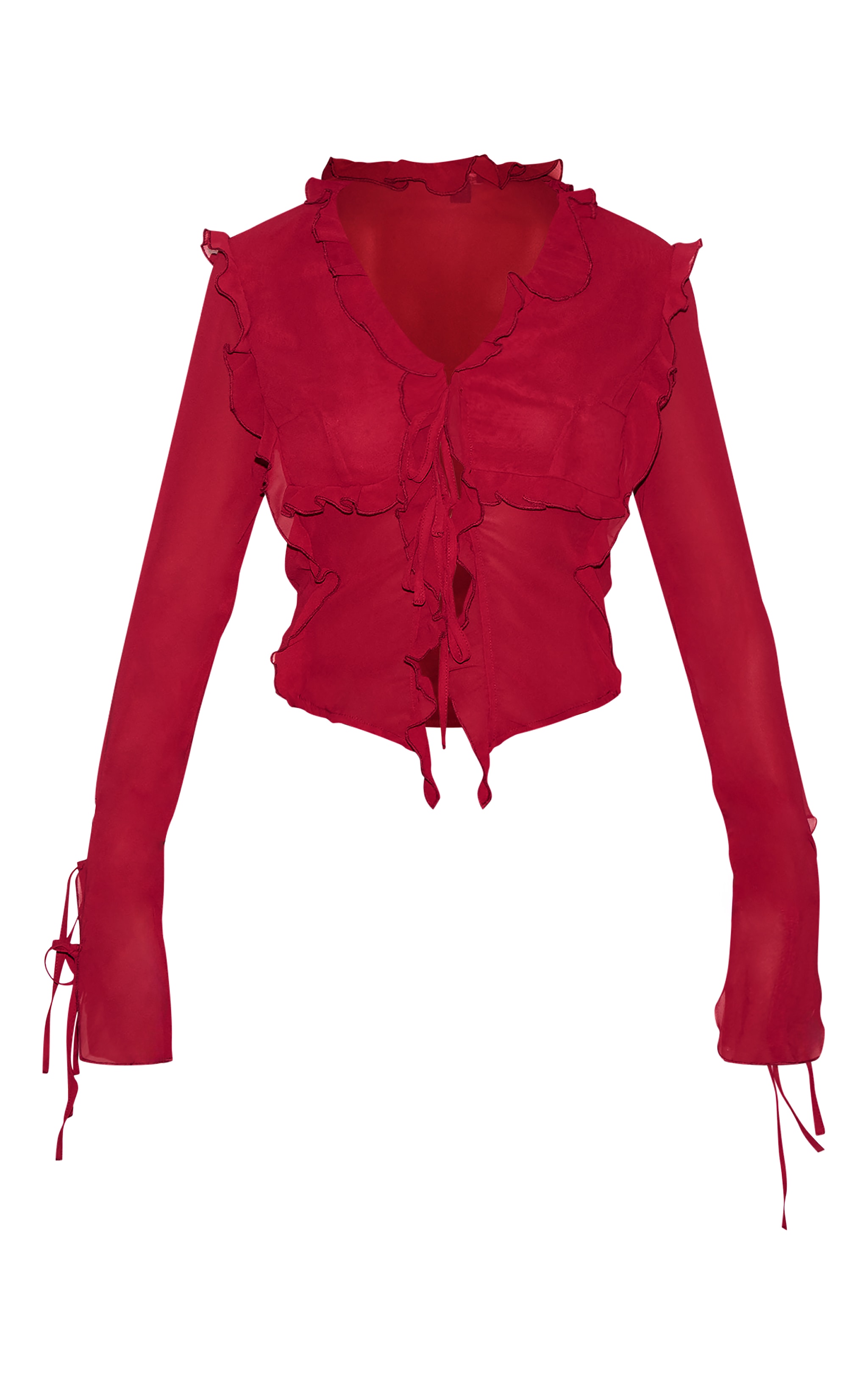 Burgundy Chiffon Ruffle Tie Front Blouse image 5