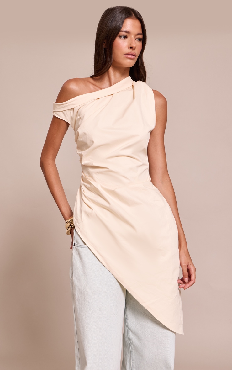 Cream Cotton One Shoulder Ruched Extreme Asymmetric Hem Top image 1