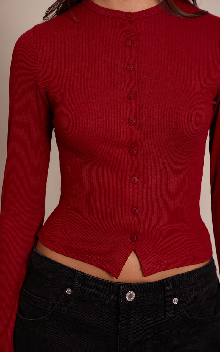 Deep Red Soft Rib Button Down Long Sleeve Top image 4