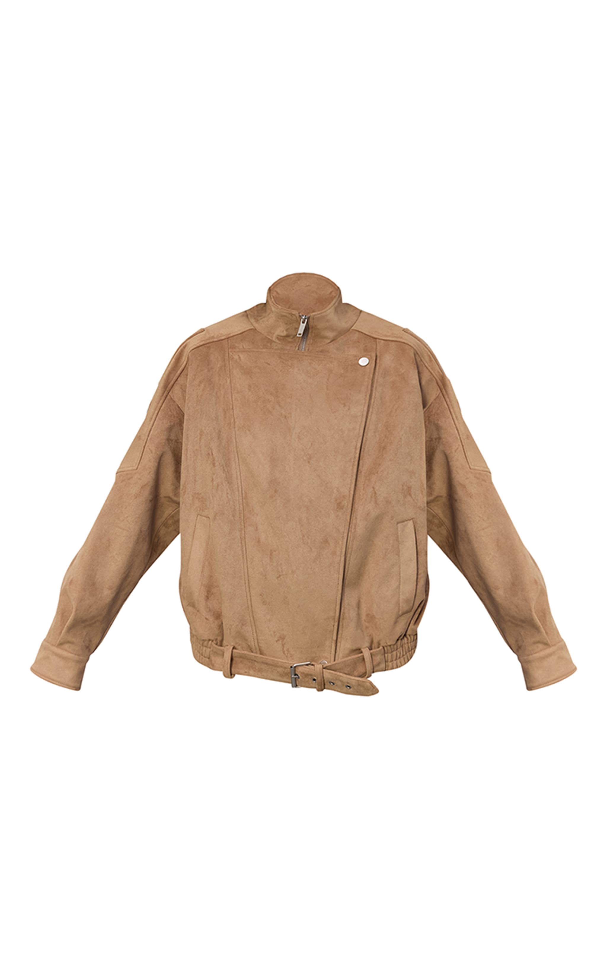 Sand Funnel Neck Low Belt Soft Faux Suede Biker Jacket image 6