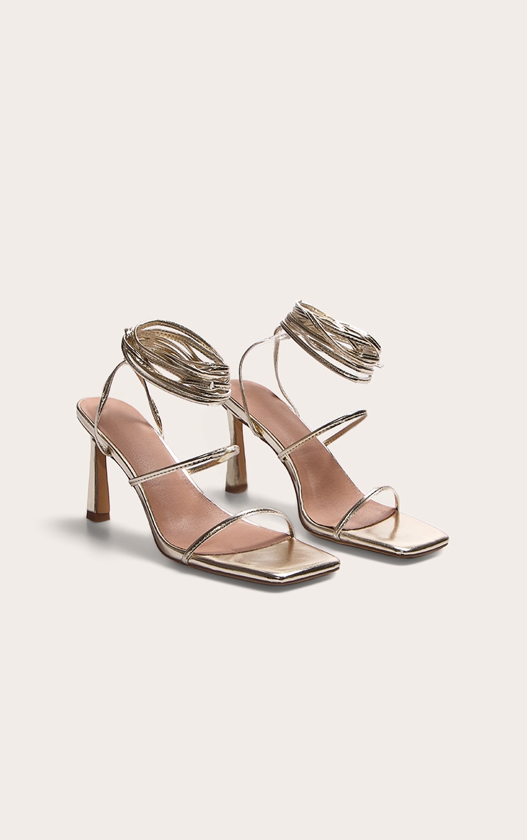Gold Pu Square Toe Strappy Lace Up Mid Stiletto Heeled Sandals image 3