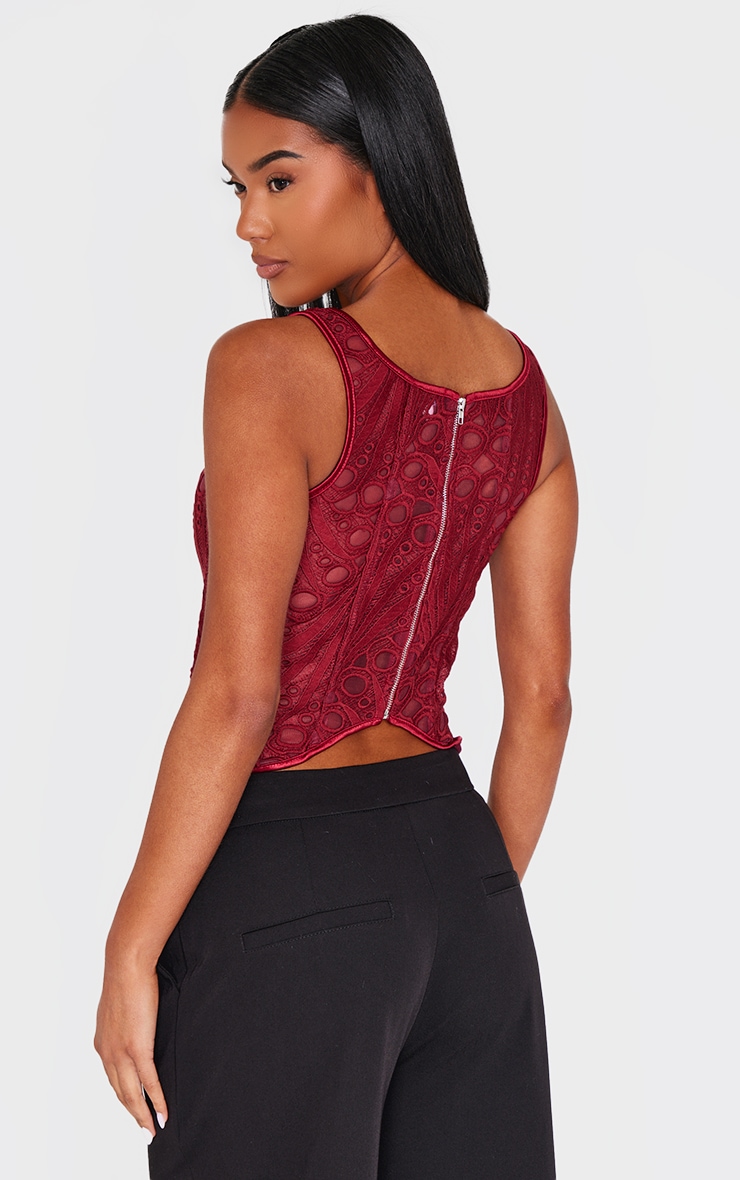 Burgundy Textured Sheer Floral Square Neck Corset image 2