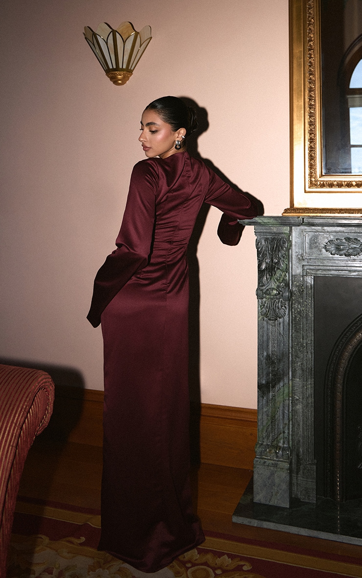 Wine Satin High Neck Flared Sleeve Maxi Dress