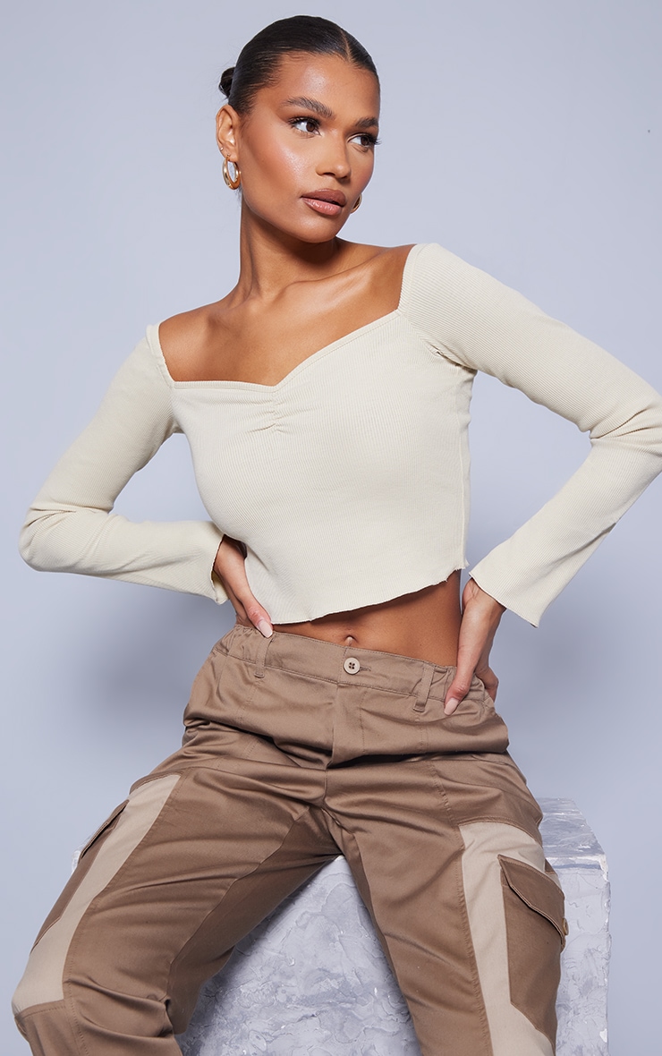 Stone Rib Square Neck Lettuce Hem Top Tops PrettyLittleThing