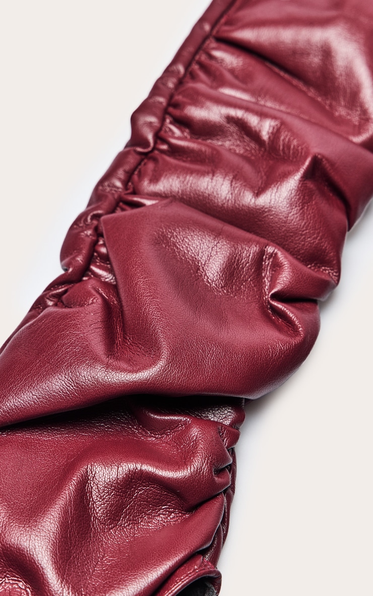 Burgundy Faux Leather Long Ruched Gloves image 3