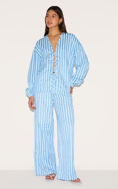 Pantalon large à rayures bleues texturées avec cordon de serrage