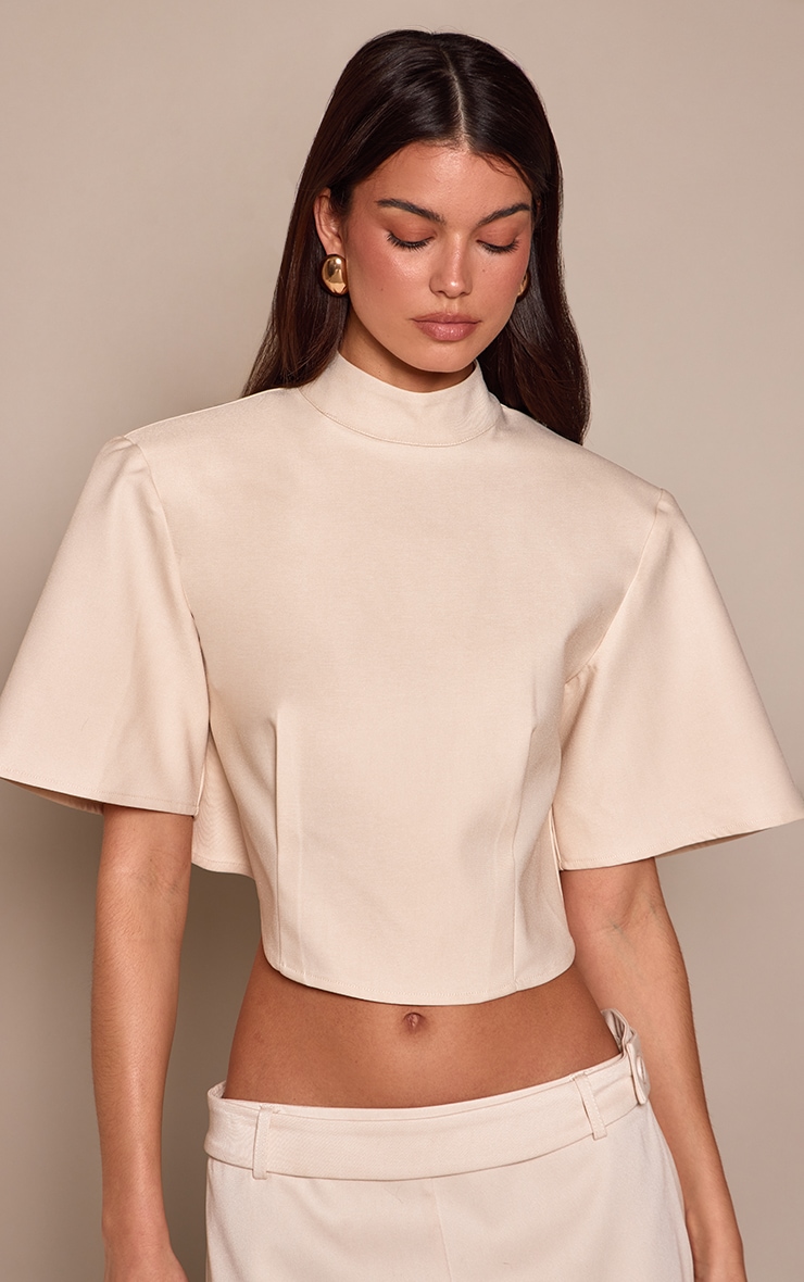 Cream Tailored High Neck Open Back Top image 2