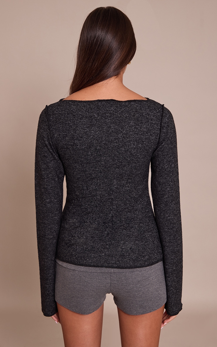 Charcoal Soft Knit Straight Neck Long Sleeve Top image 2