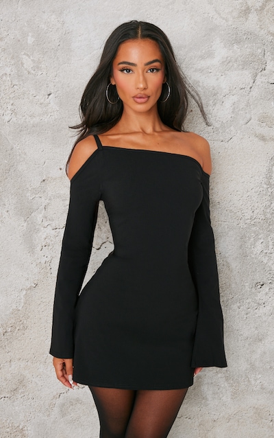 Petite Black Asymmetric One Shoulder Flared Sleeve Shift Dress