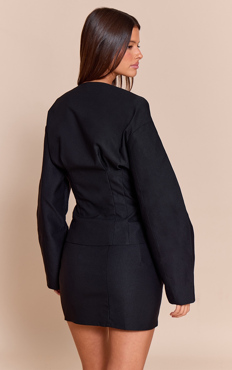 Black Tailored Woven Boxy Balloon Sleeve Blazer image 2