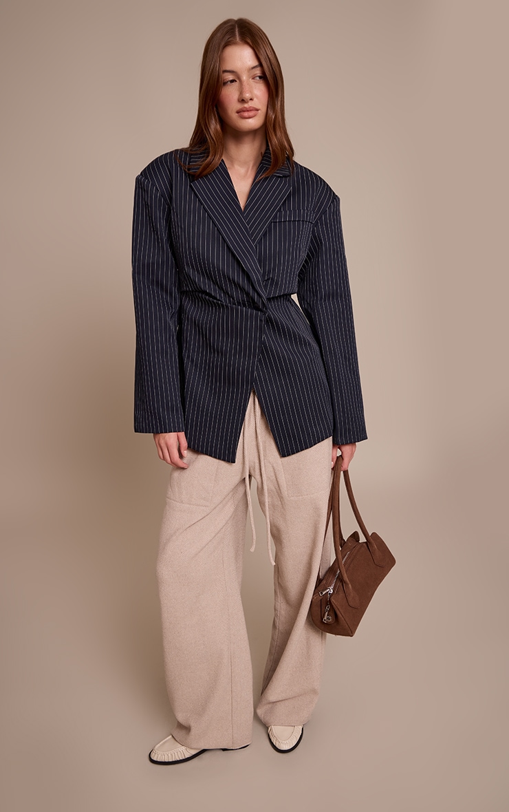 Navy Pinstripe Gathered Cinched Waist Blazer image 3