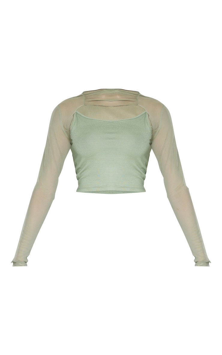 Khaki Mesh Overlavy Long Sleeve Crop Top image 2