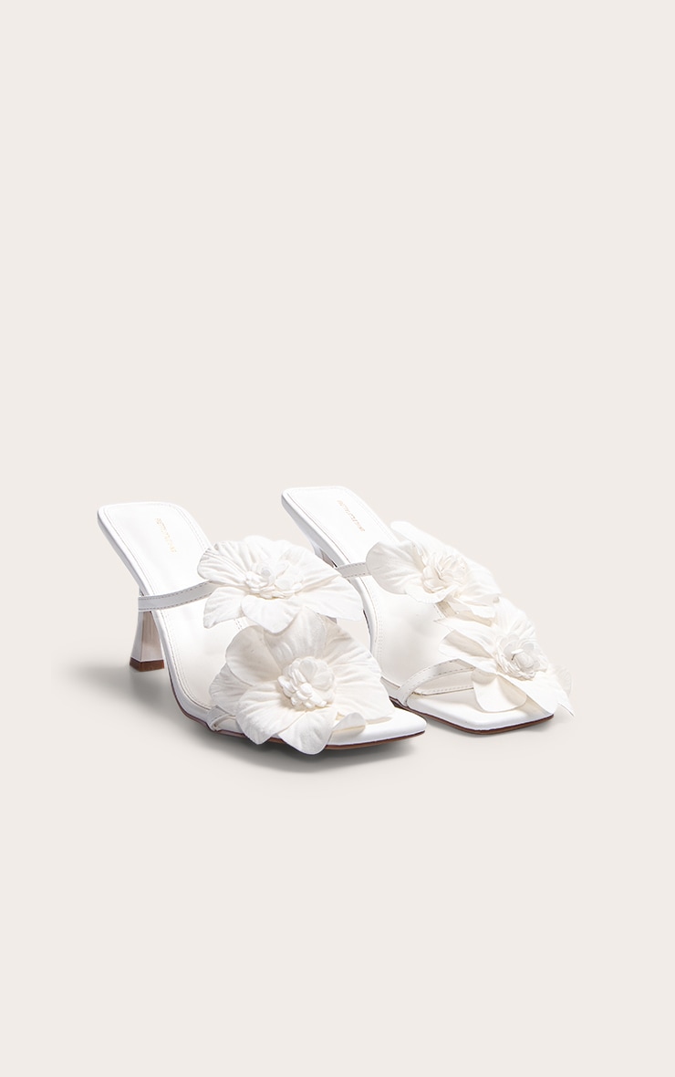 White Pu Square Toe Multi Flower Detail Mid Stiletto Heeled Mules image 2