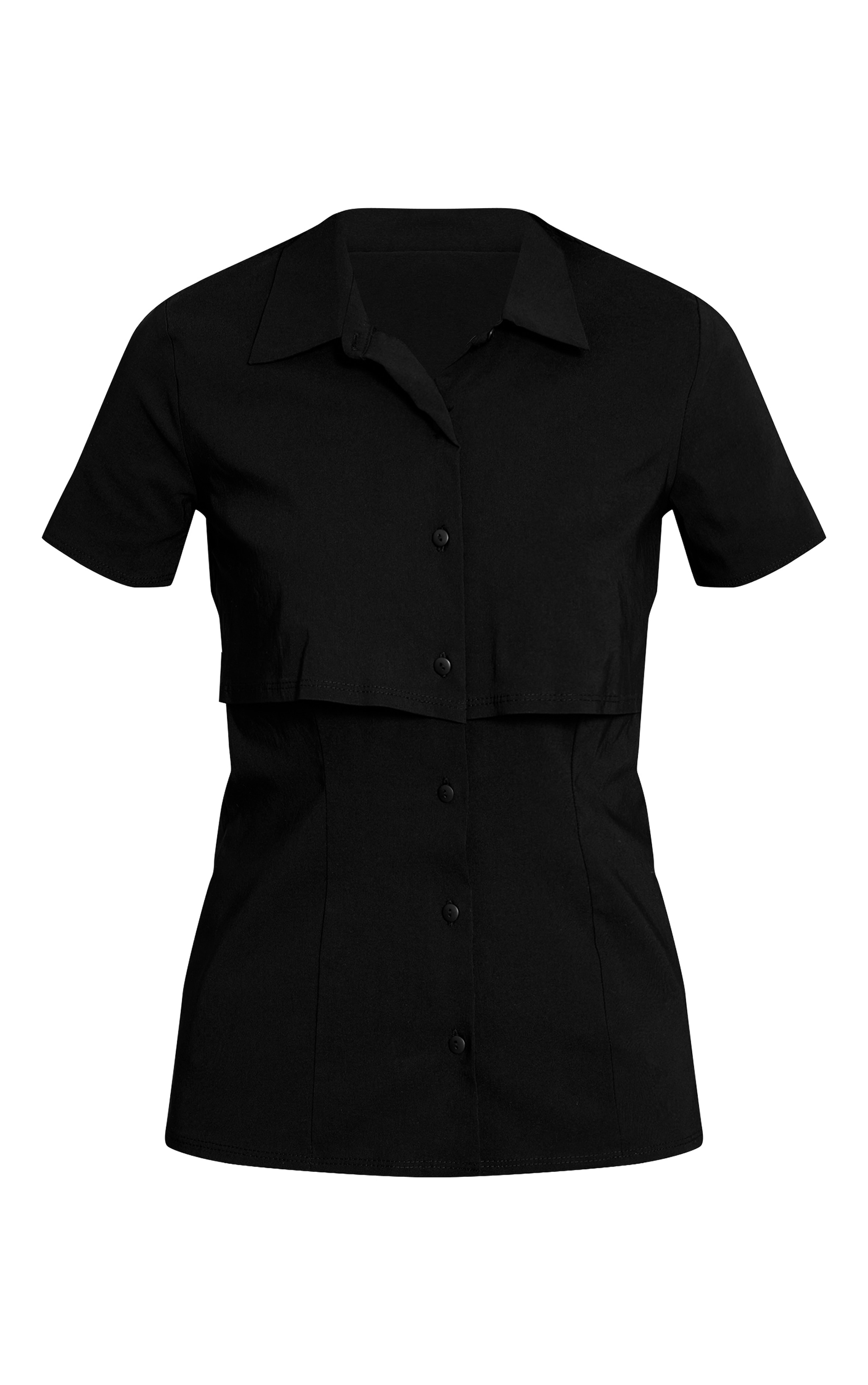 Black Stretch Woven Overlay Detail Short Sleeve Shirt image 5