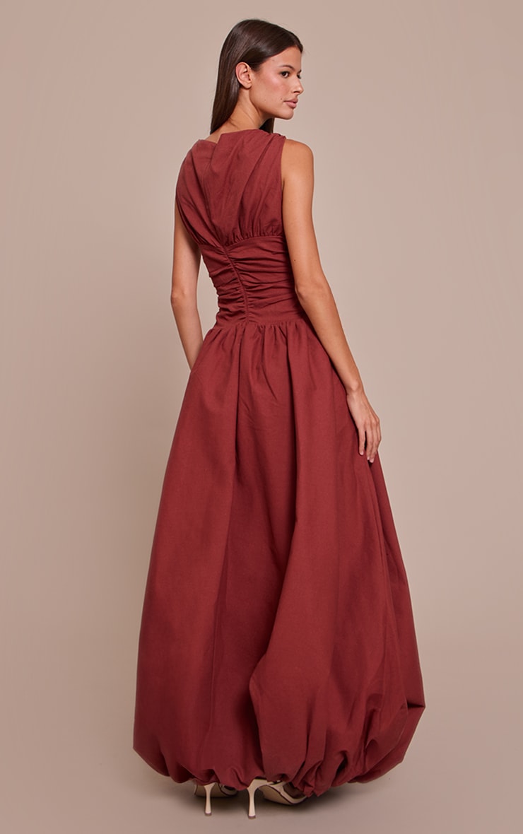 Deep Red Boat Neck Ruched Detail Puffball Maxi Dress image 2