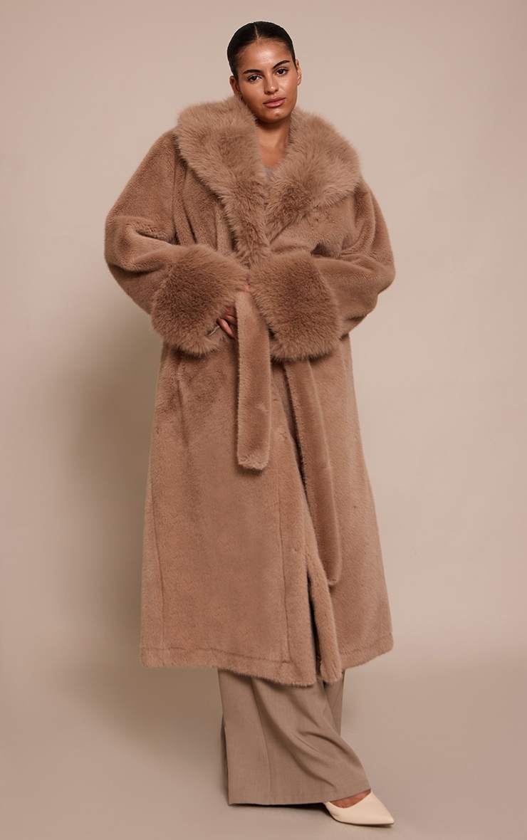 Plus Mushroom Faux Fur Self Tie Oversized Coat