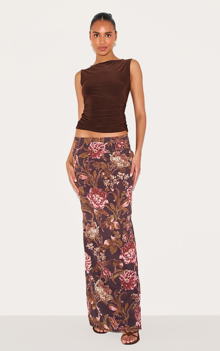 Brown Floral Print Chiffon Maxi Skirt image 2